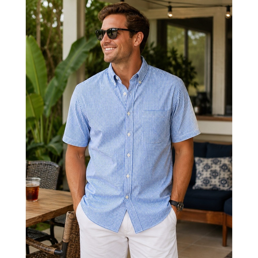 Brooks Brothers 1818 Regent Seersucker Shirt Mens XL Blue Gingham Cotton SS 3636